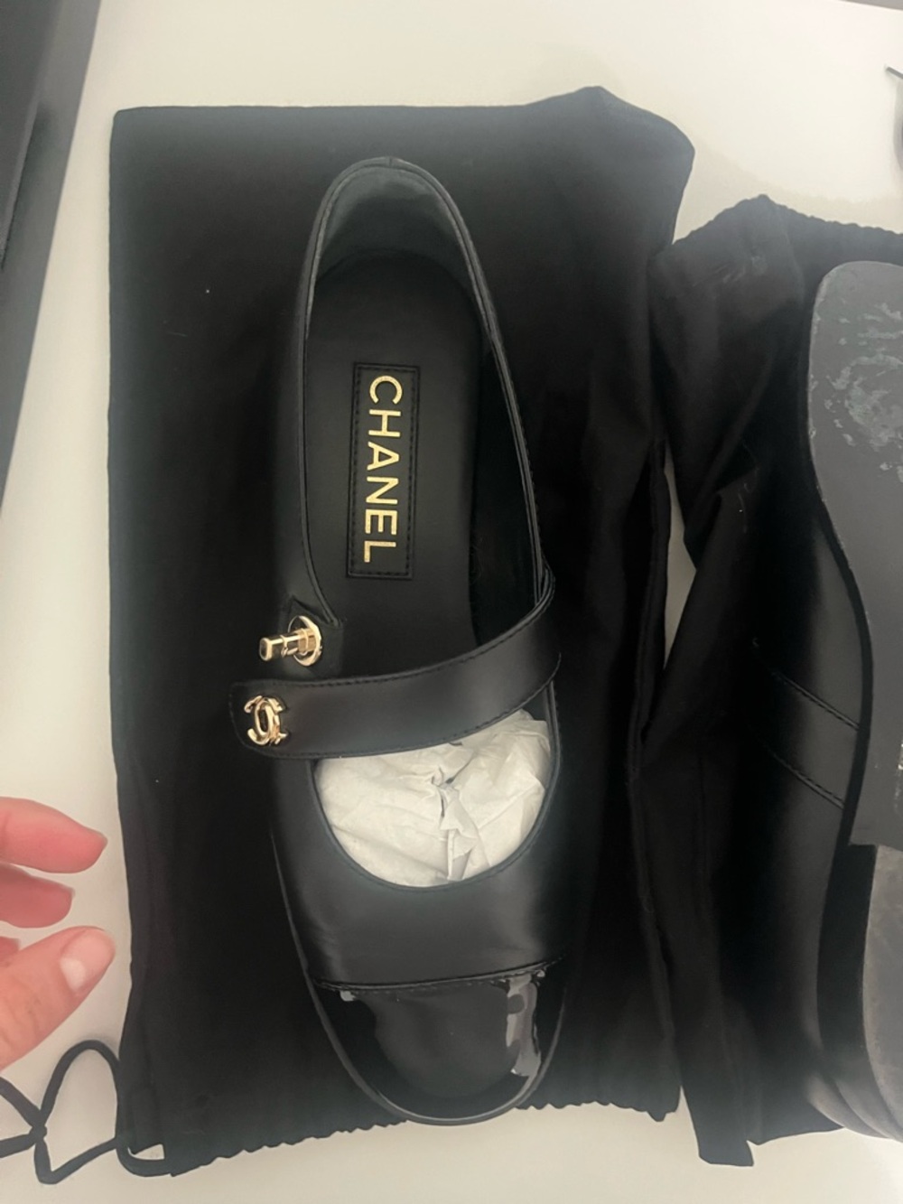 CHANEL Black Leather Mary Jane Flats with Gold CC Buttons